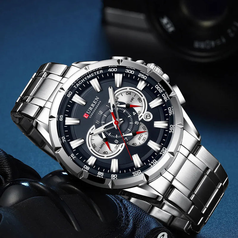 CURREN – Relógio Masculino Esportivo e Casual com Cronômetro, Pulseira de Aço, Relógio de Quartzo.