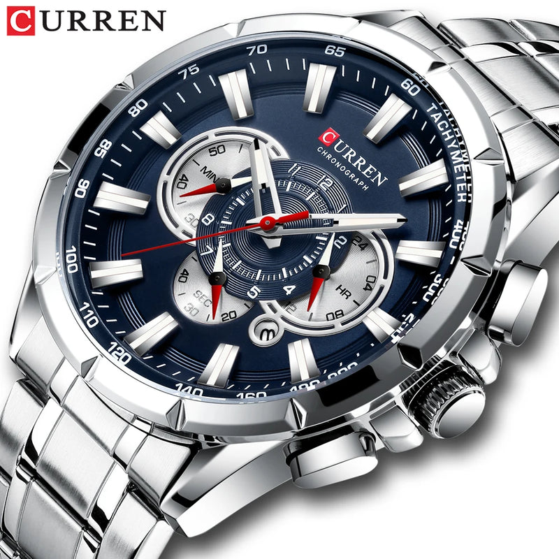 CURREN – Relógio Masculino Esportivo e Casual com Cronômetro, Pulseira de Aço, Relógio de Quartzo.