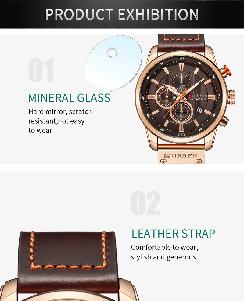 Relógio Masculino CURREN Fashion com Data – Relógio de Quartzo, com Cronômetro.