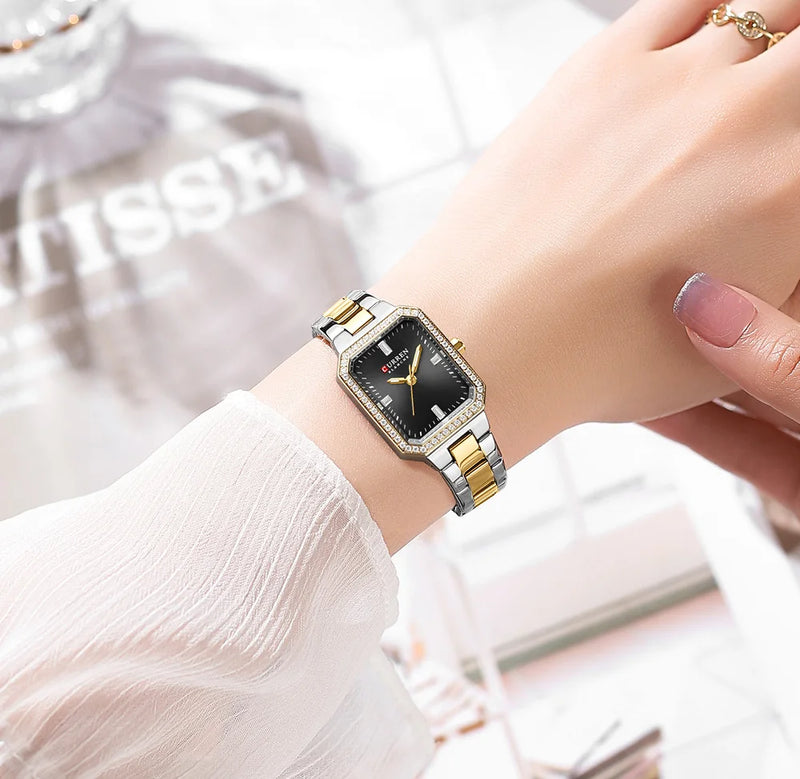 Relógios de Luxo CURREN para Mulheres – Mostrador Retangular Simples com Pedras de Strass Brilhantes, Relógio de Pulso Casual de Quartzo com Ponteiros Luminosos