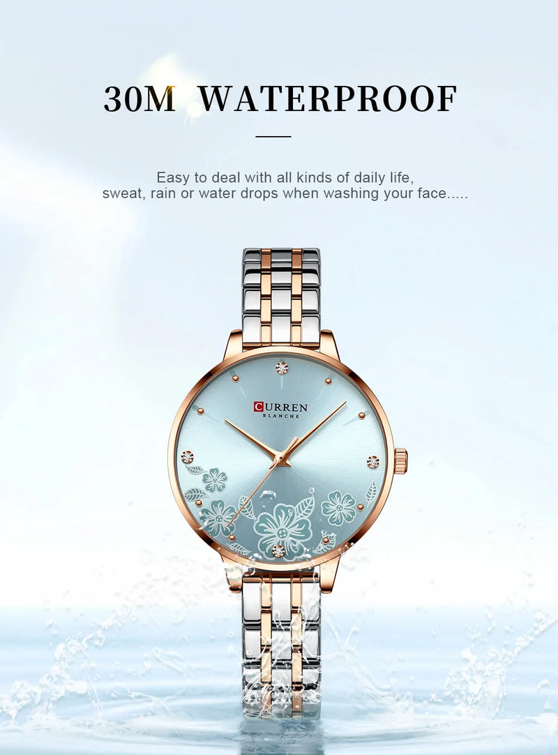 Relógio de Pulso Feminino CURREN – Relógio de Quartzo Fashion com Pulseira de Aço Inoxidável e Mostrador com Design Floral