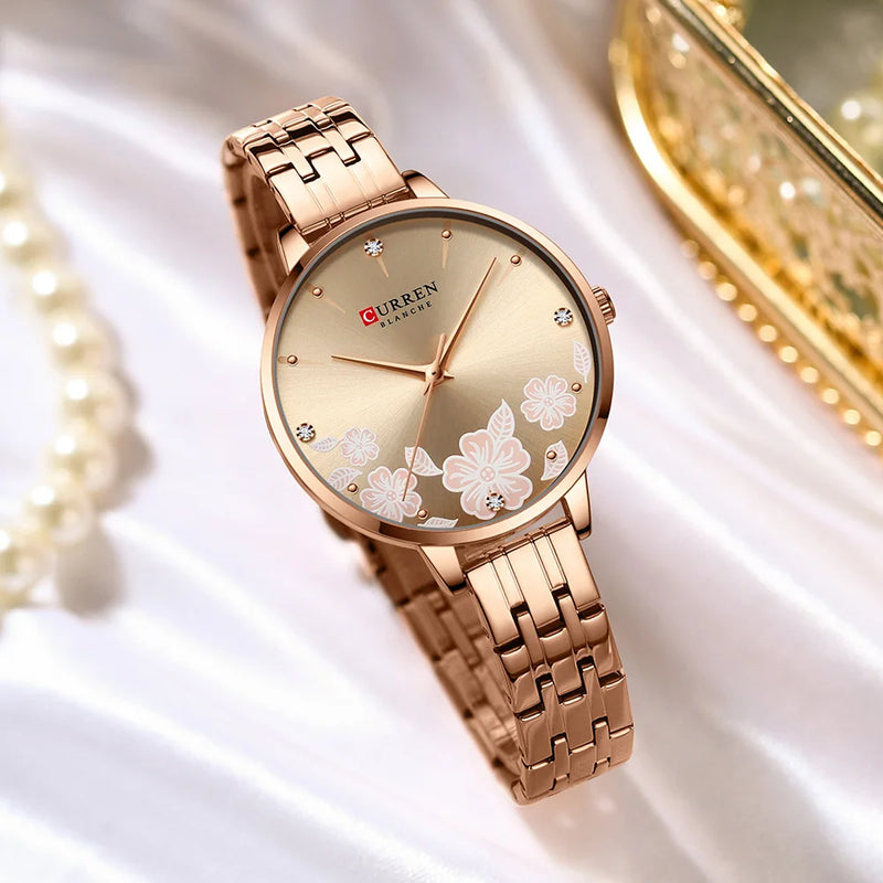 Relógio de Pulso Feminino CURREN – Relógio de Quartzo Fashion com Pulseira de Aço Inoxidável e Mostrador com Design Floral