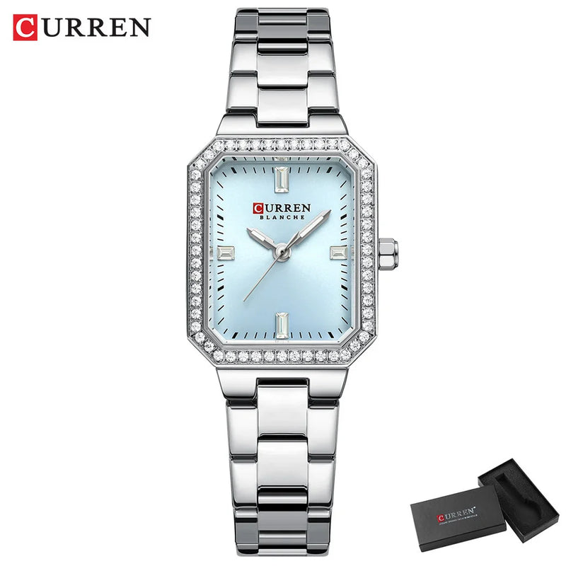 Relógios de Luxo CURREN para Mulheres – Mostrador Retangular Simples com Pedras de Strass Brilhantes, Relógio de Pulso Casual de Quartzo com Ponteiros Luminosos