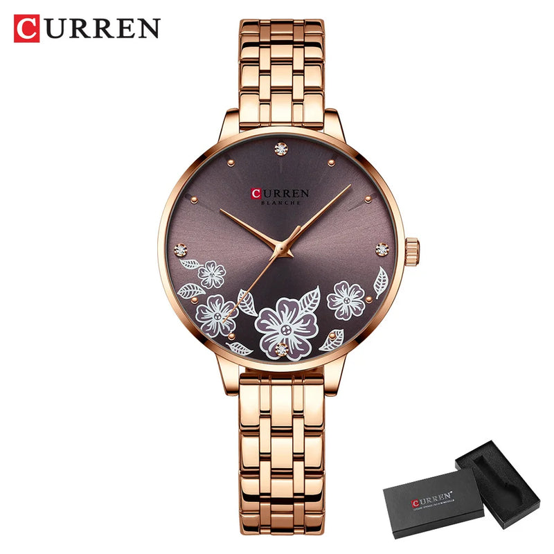 Relógio de Pulso Feminino CURREN – Relógio de Quartzo Fashion com Pulseira de Aço Inoxidável e Mostrador com Design Floral