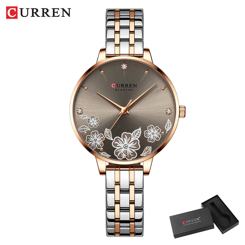 Relógio de Pulso Feminino CURREN – Relógio de Quartzo Fashion com Pulseira de Aço Inoxidável e Mostrador com Design Floral