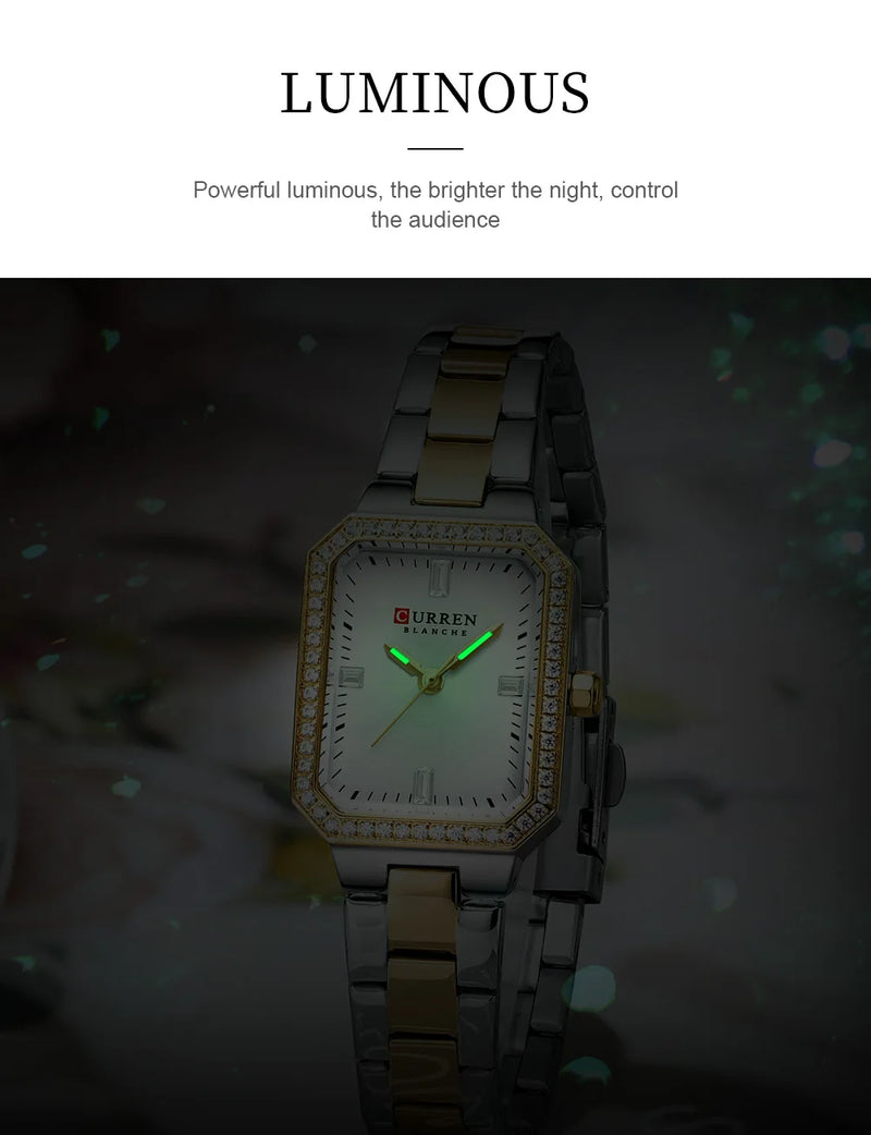 Relógios de Luxo CURREN para Mulheres – Mostrador Retangular Simples com Pedras de Strass Brilhantes, Relógio de Pulso Casual de Quartzo com Ponteiros Luminosos