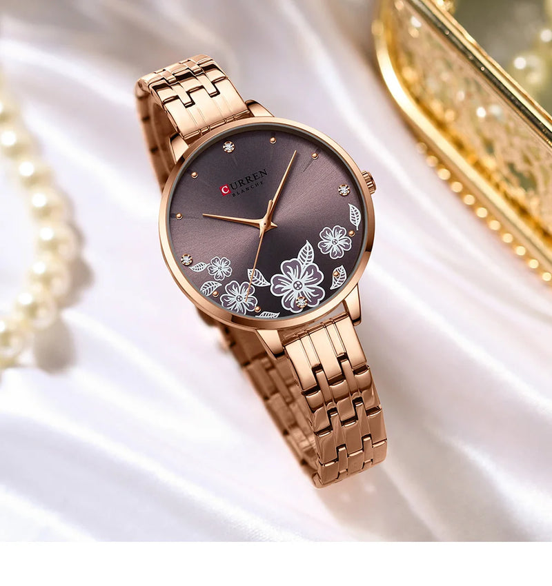 Relógio de Pulso Feminino CURREN – Relógio de Quartzo Fashion com Pulseira de Aço Inoxidável e Mostrador com Design Floral