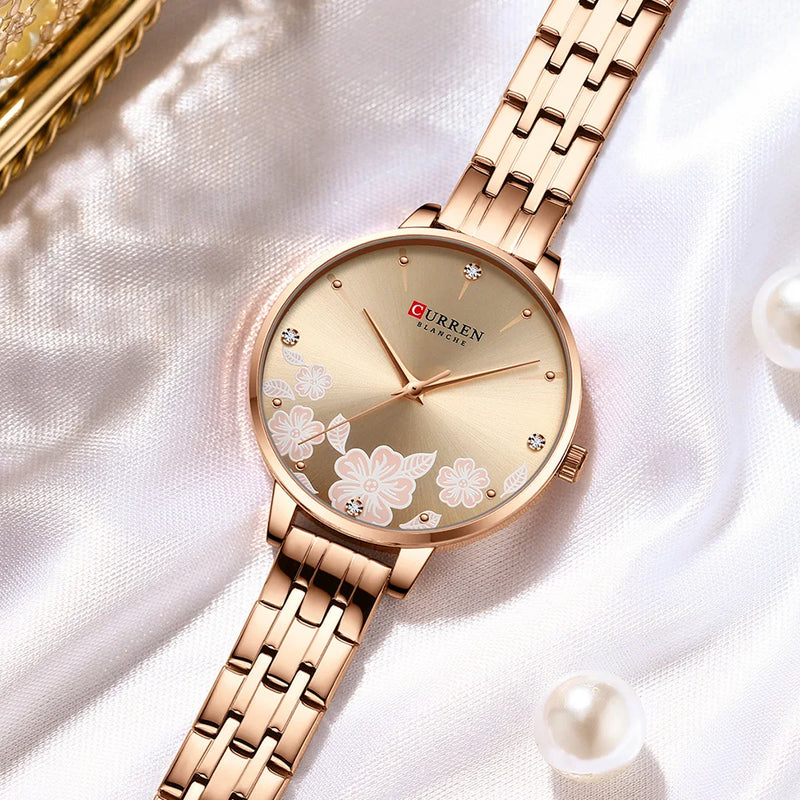 Relógio de Pulso Feminino CURREN – Relógio de Quartzo Fashion com Pulseira de Aço Inoxidável e Mostrador com Design Floral