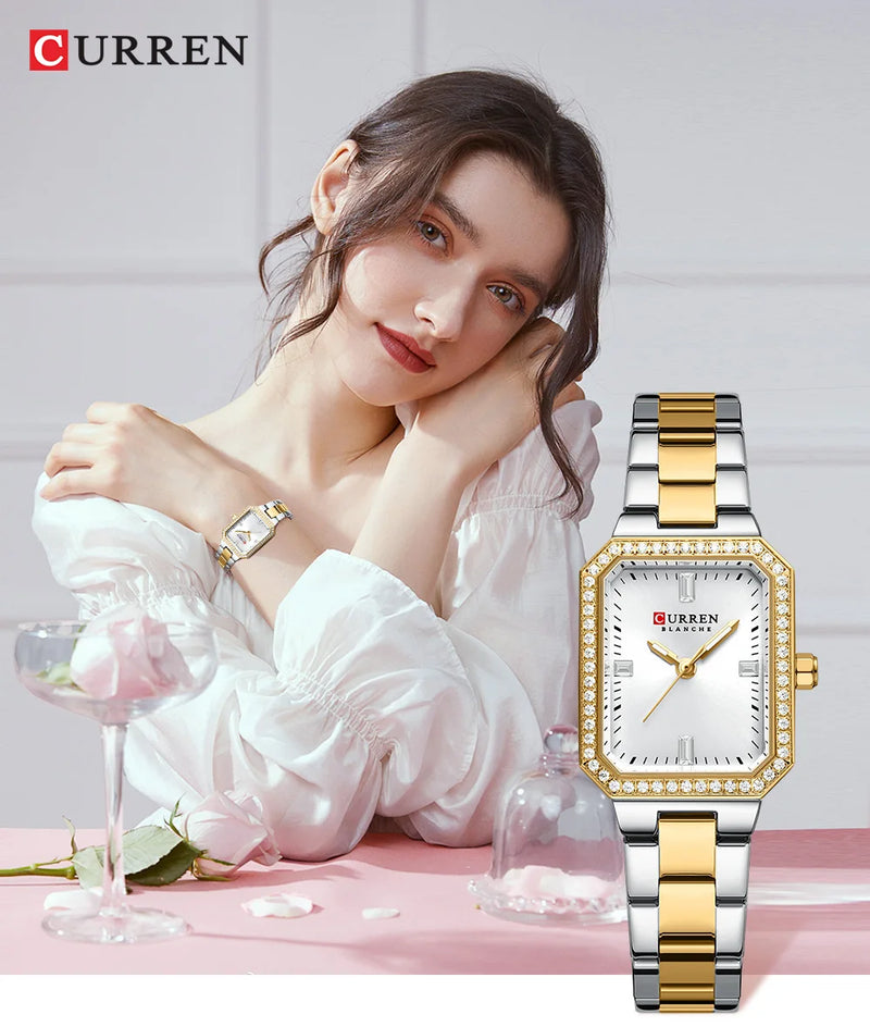 Relógios de Luxo CURREN para Mulheres – Mostrador Retangular Simples com Pedras de Strass Brilhantes, Relógio de Pulso Casual de Quartzo com Ponteiros Luminosos