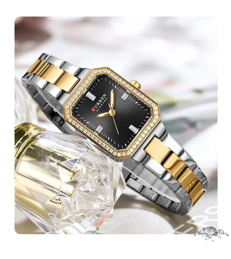 Relógios de Luxo CURREN para Mulheres – Mostrador Retangular Simples com Pedras de Strass Brilhantes, Relógio de Pulso Casual de Quartzo com Ponteiros Luminosos