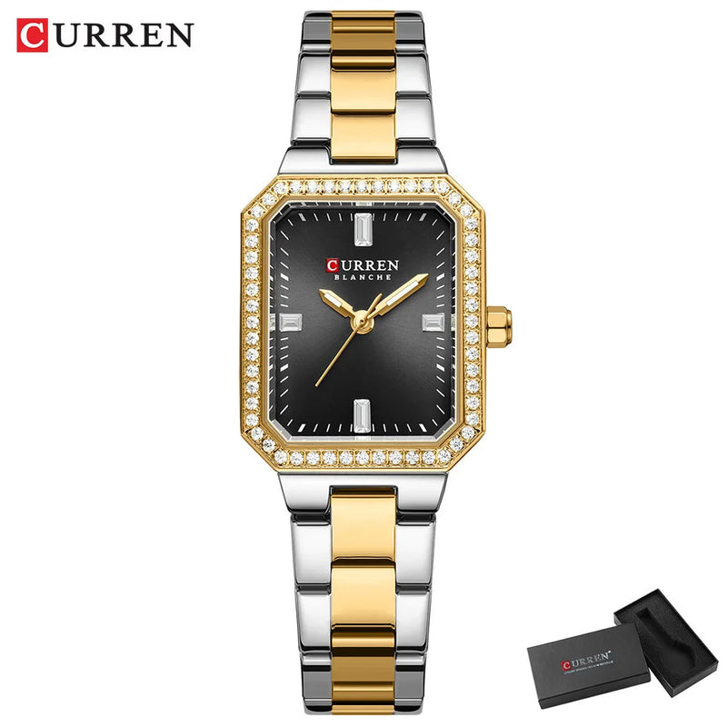 Relógios de Luxo CURREN para Mulheres – Mostrador Retangular Simples com Pedras de Strass Brilhantes, Relógio de Pulso Casual de Quartzo com Ponteiros Luminosos
