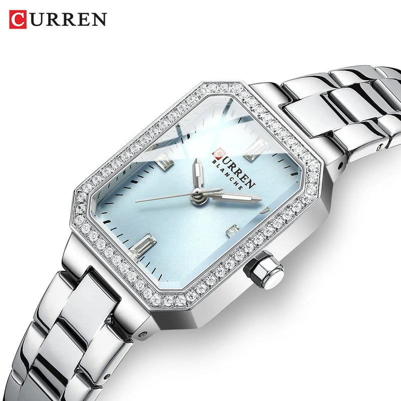 Relógios de Luxo CURREN para Mulheres – Mostrador Retangular Simples com Pedras de Strass Brilhantes, Relógio de Pulso Casual de Quartzo com Ponteiros Luminosos