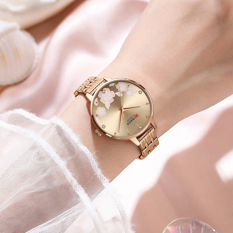 Relógio de Pulso Feminino CURREN – Relógio de Quartzo Fashion com Pulseira de Aço Inoxidável e Mostrador com Design Floral
