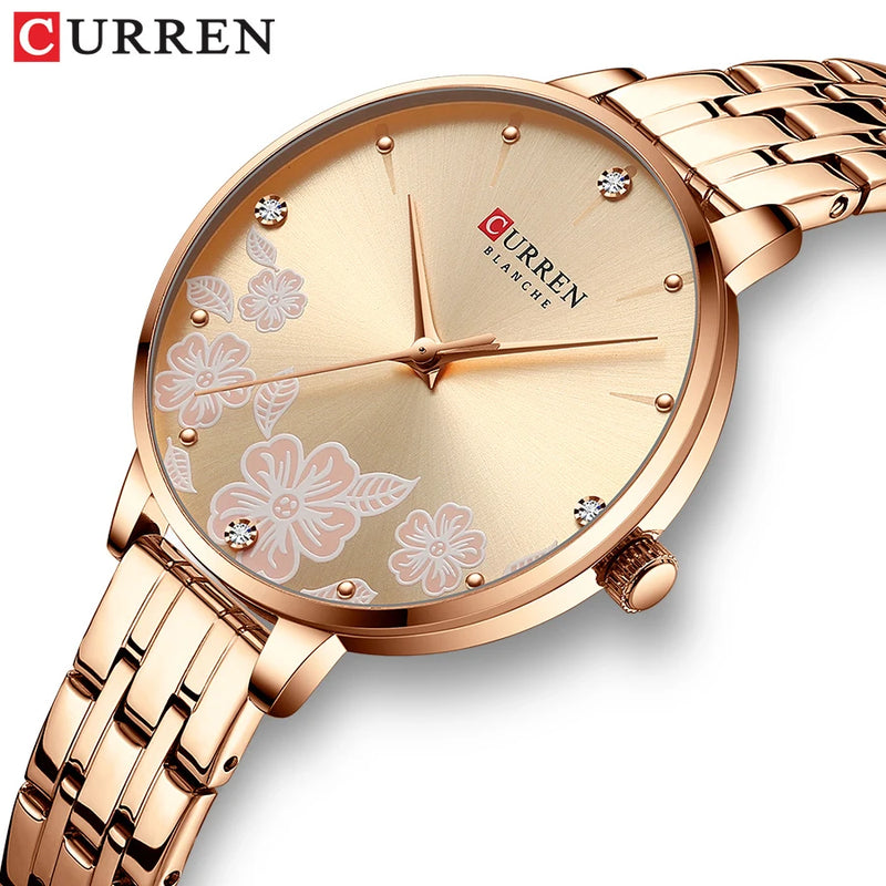 Relógio de Pulso Feminino CURREN – Relógio de Quartzo Fashion com Pulseira de Aço Inoxidável e Mostrador com Design Floral