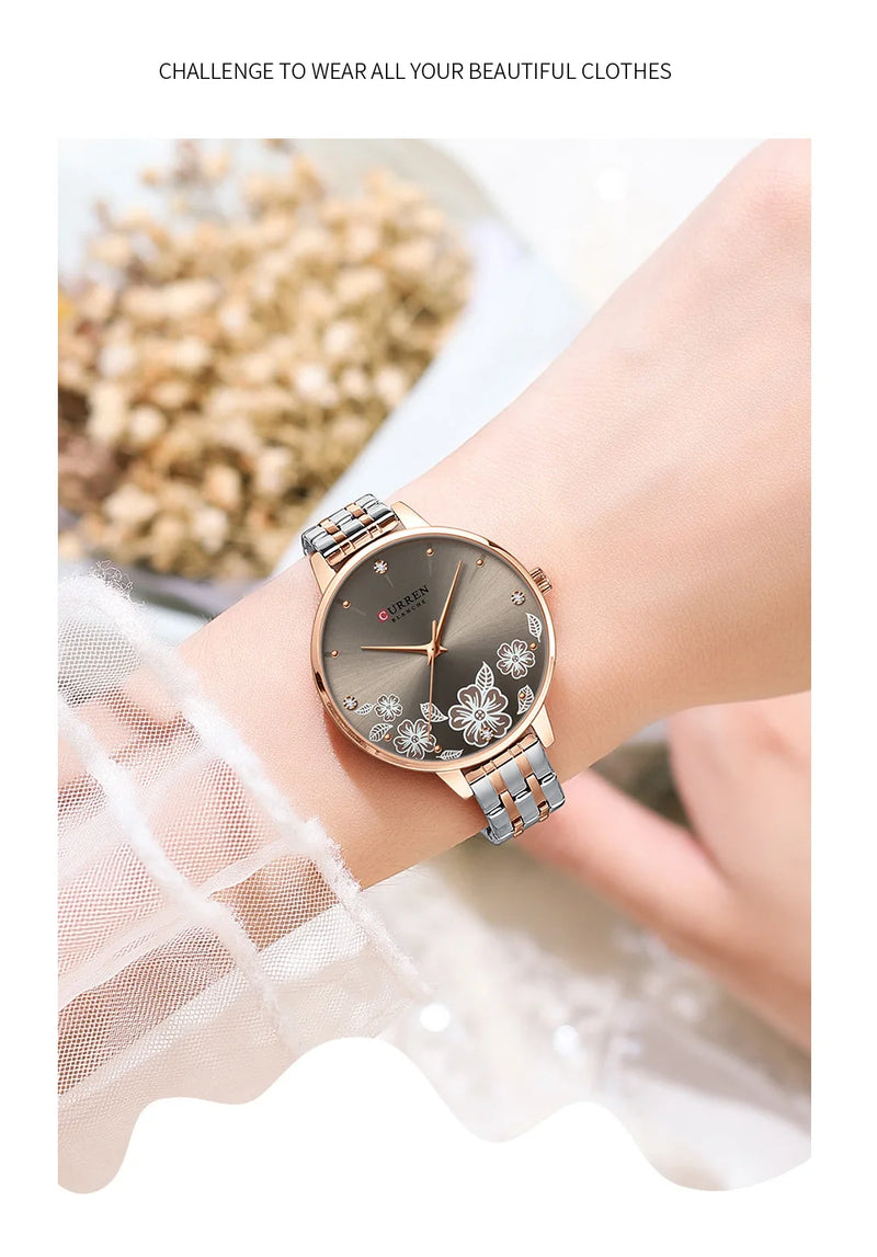 Relógio de Pulso Feminino CURREN – Relógio de Quartzo Fashion com Pulseira de Aço Inoxidável e Mostrador com Design Floral