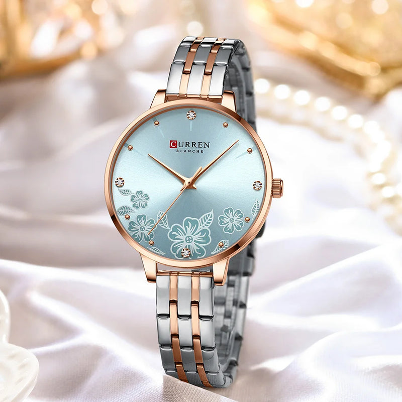 Relógio de Pulso Feminino CURREN – Relógio de Quartzo Fashion com Pulseira de Aço Inoxidável e Mostrador com Design Floral