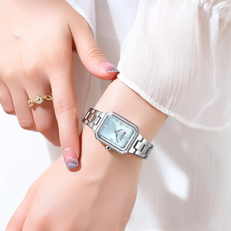 Relógios de Luxo CURREN para Mulheres – Mostrador Retangular Simples com Pedras de Strass Brilhantes, Relógio de Pulso Casual de Quartzo com Ponteiros Luminosos