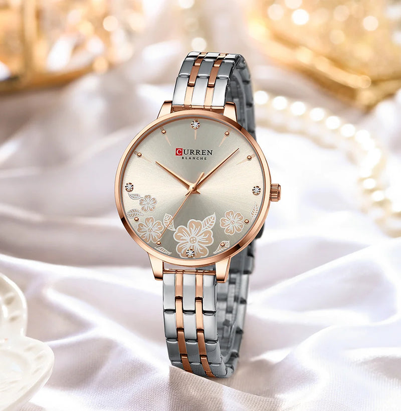 Relógio de Pulso Feminino CURREN – Relógio de Quartzo Fashion com Pulseira de Aço Inoxidável e Mostrador com Design Floral