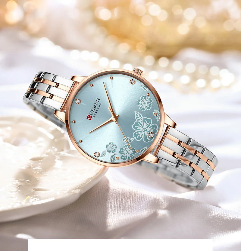 Relógio de Pulso Feminino CURREN – Relógio de Quartzo Fashion com Pulseira de Aço Inoxidável e Mostrador com Design Floral