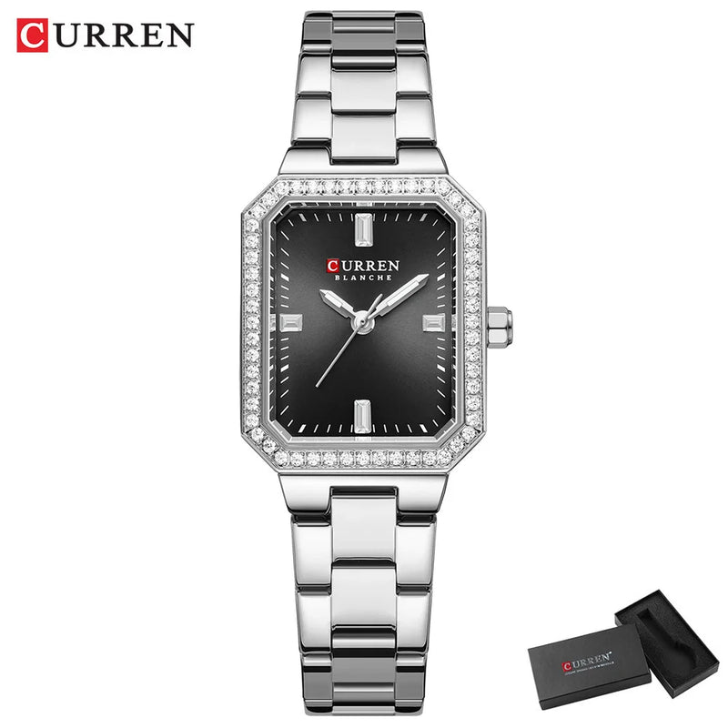 Relógios de Luxo CURREN para Mulheres – Mostrador Retangular Simples com Pedras de Strass Brilhantes, Relógio de Pulso Casual de Quartzo com Ponteiros Luminosos