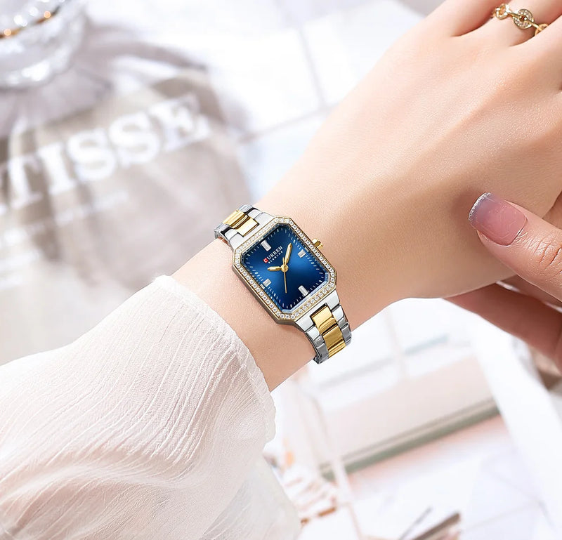 Relógios de Luxo CURREN para Mulheres – Mostrador Retangular Simples com Pedras de Strass Brilhantes, Relógio de Pulso Casual de Quartzo com Ponteiros Luminosos