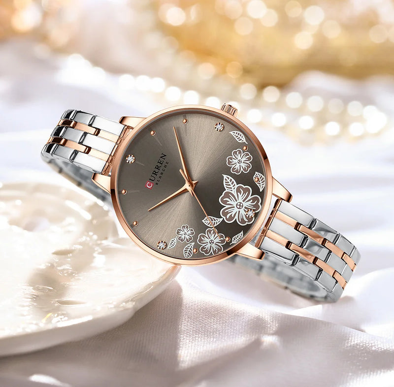 Relógio de Pulso Feminino CURREN – Relógio de Quartzo Fashion com Pulseira de Aço Inoxidável e Mostrador com Design Floral