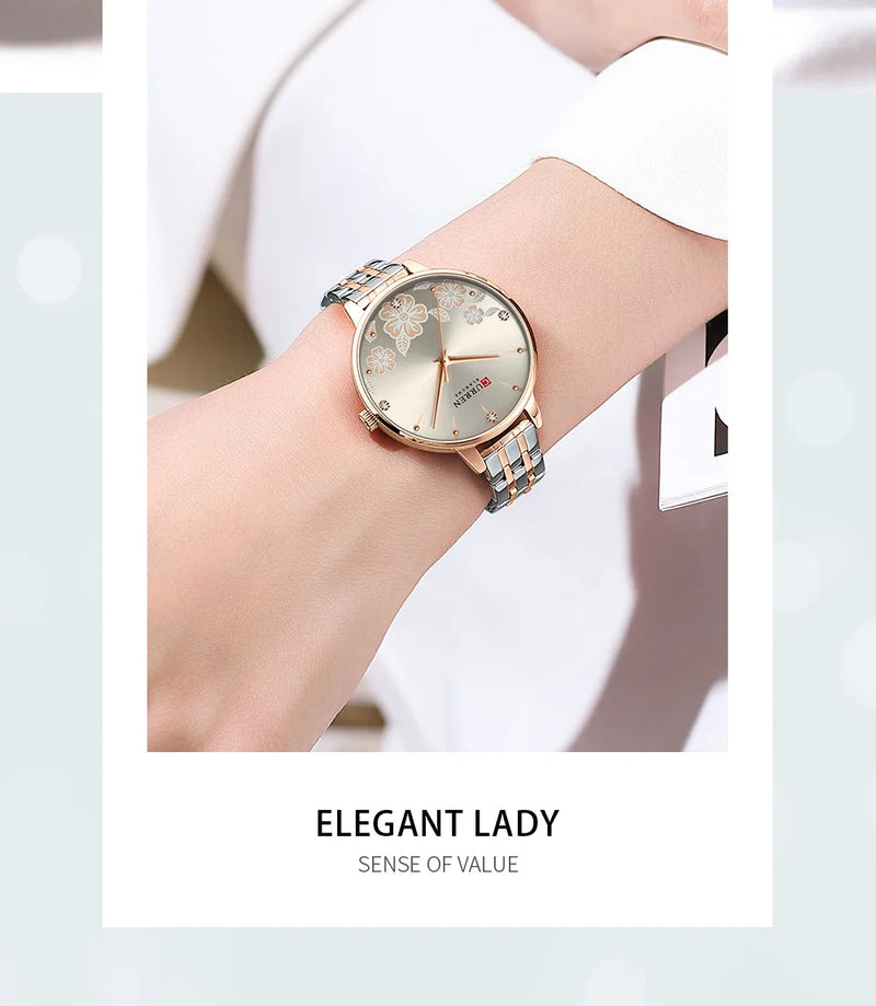 Relógio de Pulso Feminino CURREN – Relógio de Quartzo Fashion com Pulseira de Aço Inoxidável e Mostrador com Design Floral