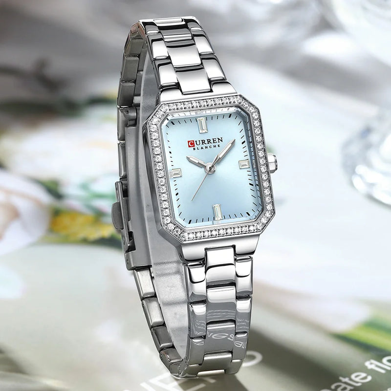 Relógios de Luxo CURREN para Mulheres – Mostrador Retangular Simples com Pedras de Strass Brilhantes, Relógio de Pulso Casual de Quartzo com Ponteiros Luminosos