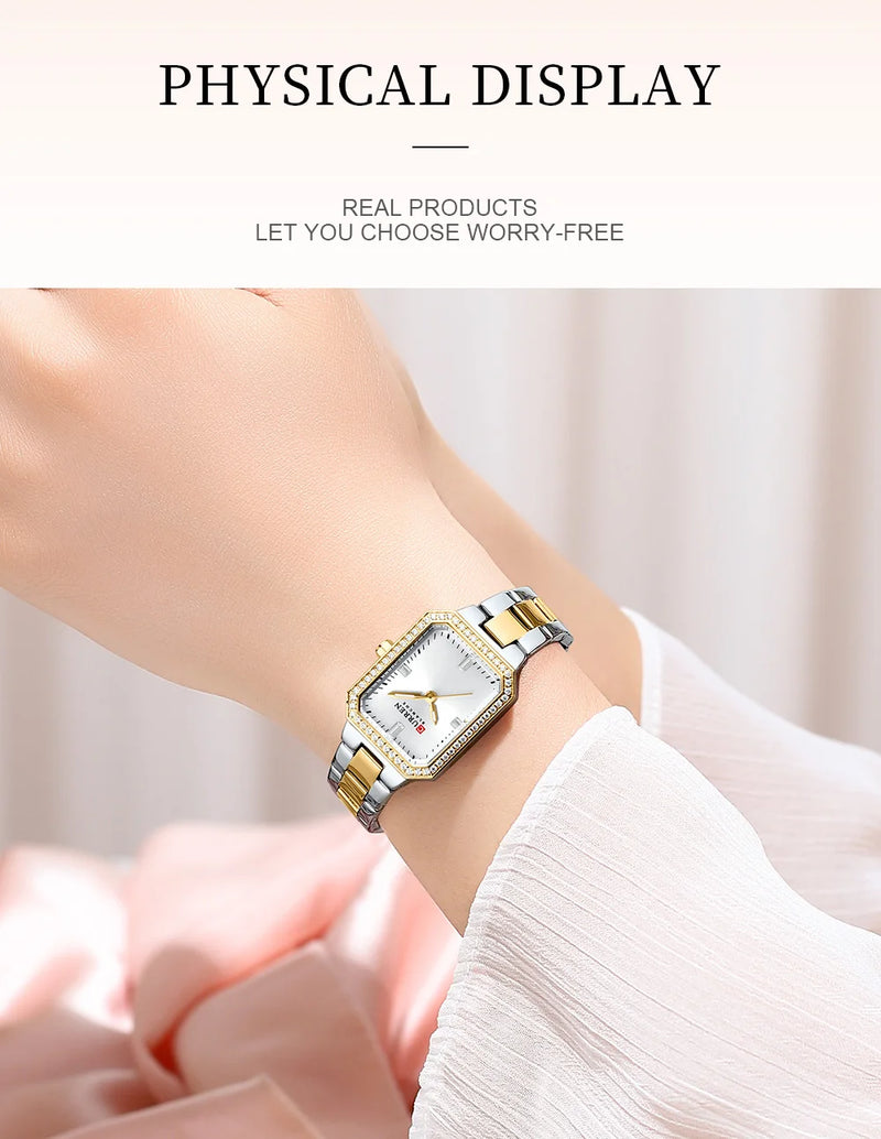 Relógios de Luxo CURREN para Mulheres – Mostrador Retangular Simples com Pedras de Strass Brilhantes, Relógio de Pulso Casual de Quartzo com Ponteiros Luminosos