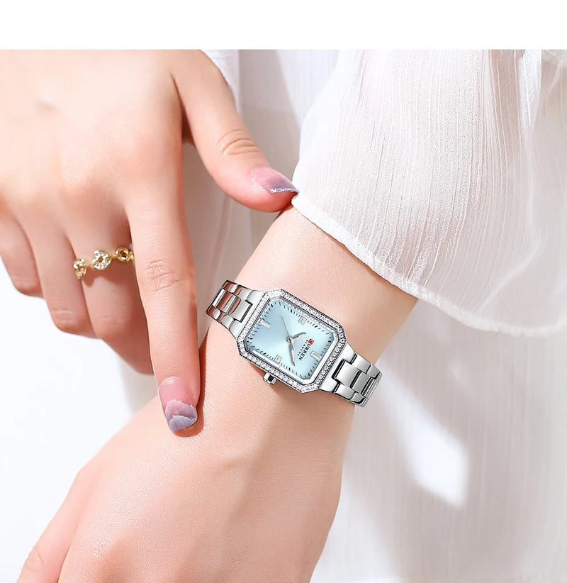 Relógios de Luxo CURREN para Mulheres – Mostrador Retangular Simples com Pedras de Strass Brilhantes, Relógio de Pulso Casual de Quartzo com Ponteiros Luminosos