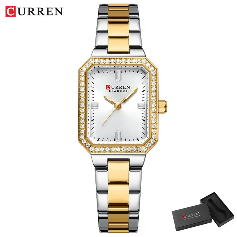 Relógios de Luxo CURREN para Mulheres – Mostrador Retangular Simples com Pedras de Strass Brilhantes, Relógio de Pulso Casual de Quartzo com Ponteiros Luminosos