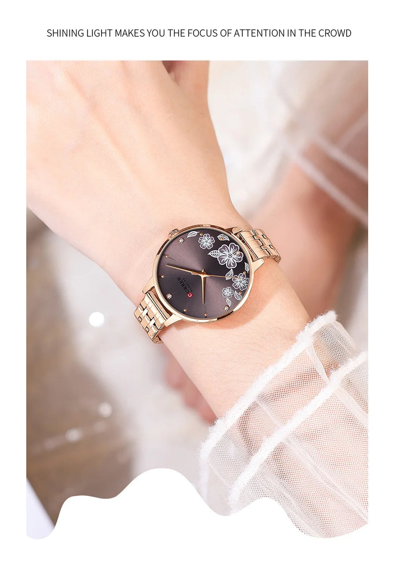 Relógio de Pulso Feminino CURREN – Relógio de Quartzo Fashion com Pulseira de Aço Inoxidável e Mostrador com Design Floral