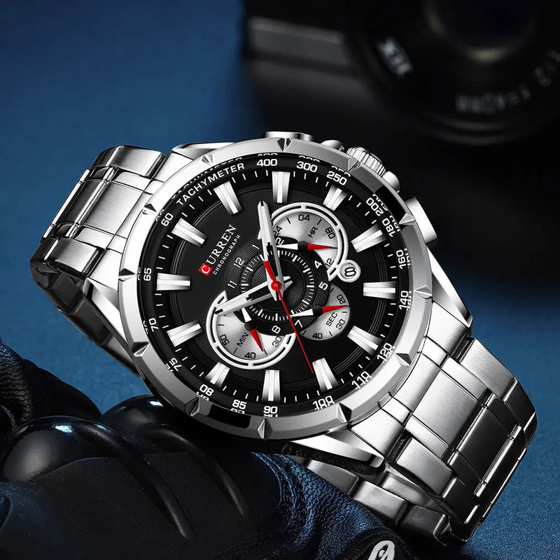 CURREN – Relógio Masculino Esportivo e Casual com Cronômetro, Pulseira de Aço, Relógio de Quartzo.