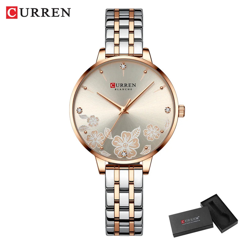 Relógio de Pulso Feminino CURREN – Relógio de Quartzo Fashion com Pulseira de Aço Inoxidável e Mostrador com Design Floral